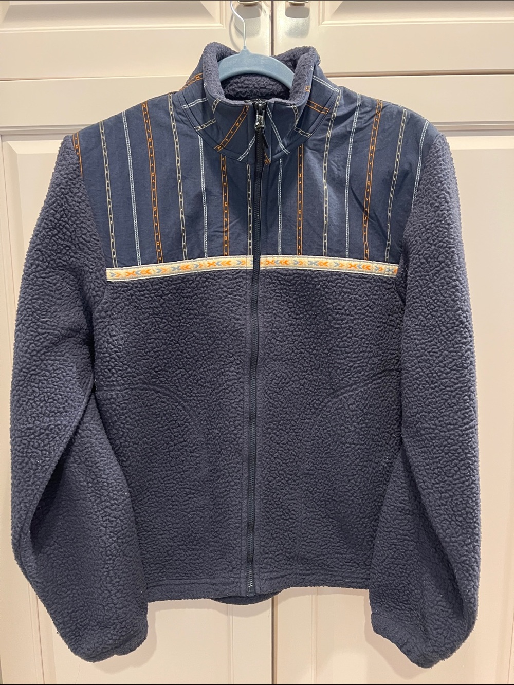 Prana woman’s Navy Sherpa Fleece Jacket with Patterned Yoke woman’s